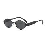 Lentes de sol unisex con marco de metal negro y lentes hexagonales grises.