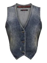 Chaleco de denim azul con cuello en V, cierre frontal con botones metálicos y corte ajustado.