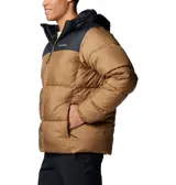 Campera puffer Columbia Puffect II Hooded para hombre, color marrón con capucha y parte superior en negro. Cuenta con aislamiento Thermarator™, tejido deperlante al agua, protector de mentón, bolsillos laterales con cremallera y puños elásticos.