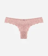 Bombacha bikini hilo color rosa con encaje floral y moña en la cintura.