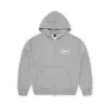 Campera gris con capucha y cierre frontal, con el logo de la marca Corteiz estampado en la espalda.