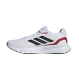 Championes Adidas Runfalcon 5, color blanco con detalles en negro y rojo, ideales para running. Cuentan con tecnología Cloudfoam en la entresuela para mayor amortiguación.