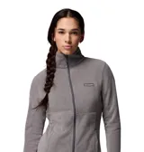 Polar Columbia Basin Trail III Full Zip para mujer, color gris, confeccionado en tejido de poliéster. Presenta cierre frontal completo, cuello alto y bolsillos laterales con cierre.