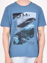 Remera gris con estampado rectangular con imágenes de paisajes y texto.
