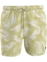 Short de baño corto color amarillo con estampado de hojas de palmera blancas, cintura elástica con cordón ajustable, bolsillos laterales y trasero, y forro de malla.