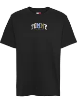 Remera negra de corte relaxed con cuello redondo y logo Tommy Jeans estampado en el pecho con letras en gris, azul y blanco.