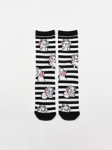 Medias de algodón con rayas horizontales blancas y negras, con diseño de Marie, la gatita de Los Aristogatos.
