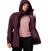Campera larga impermeable y transpirable Columbia Hikebound II Long para mujer, color borgoña. Cuenta con tecnología Omni-Tech™ con costuras selladas, capucha ajustable, cierre frontal con solapa, cintura ajustable con cordón, puños ajustables, bolsillo oculto en el pecho y bolsillos con cremallera para las manos.
