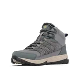 Bota de trekking Columbia Strata Trail Mid WP para hombre, color gris con detalles en azul y beige. Confeccionada con materiales impermeables y transpirables Omni-Tech™, empeine de malla y ante con refuerzos de cuero sintético, lengüeta reforzada, mediasuela Techlite™ y suela de caucho Omni-Grip™.