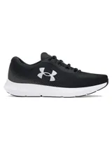 Zapatillas de running Under Armour Charged Rogue 4 para mujer, color negro con logo blanco y suela blanca.