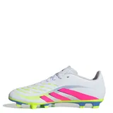 Championes de fútbol Adidas Predator Club FG/MG, color blanco con detalles en fucsia, amarillo y violeta. Diseñados para césped natural o sintético.