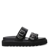 Sandalias plateadas con plataforma y doble tira con hebillas.