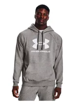 Buzo gris de hombre marca Under Armour, modelo Rival Fleece Logo HD. Con capucha, cordones ajustables, bolsillo tipo canguro y logo estampado en el pecho.