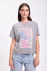 Remera gris de algodón con estampa de Cinderella en tonos pastel.
