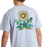 Remera celeste de algodón con estampado de un girasol y hojas con la frase "Critical Slide" en el pecho.