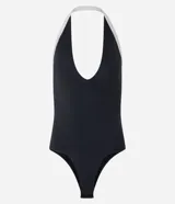 Body de mujer color negro con escote en V profundo y tirantes tipo halter en contraste blanco.