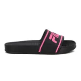 Chanclas Fila Sleek Slide, color negro con logo Fila en rosa.