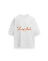 Remera blanca de corte holgado con bordado en el pecho con la leyenda "Roona Studio".