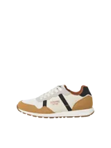 Championes Jack & Jones Arrow, color blanco hueso con detalles en marrón, gris y negro. Confeccionados en poliéster y poliuretano, con forro de mesh de poliéster y suela de caucho termoplástico.