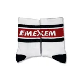 Par de medias blancas con detalles en negro, incluyendo el logo 'EMEX' en la parte superior y un diseño abstracto en el tobillo.