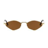 Lentes de sol unisex con forma geométrica, montura dorada y lentes marrones.