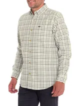 Camisa de franela de algodón orgánico con cuello americano abotonado, manga larga, corte regular y estampado a cuadros en tonos azul, blanco y rojo.
