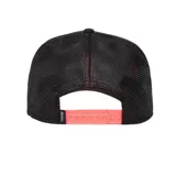 Gorra unisex con diseño de pantera, color negro con visera roja, ajustable y confeccionada en mezcla de poliéster y algodón.