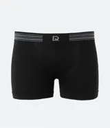 Calzoncillo bóxer negro de poliamida sin costuras, con cintura elástica a rayas horizontales y logo de la marca en el centro.