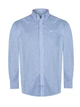 Camisa de manga larga celeste con finas rayas verticales blancas, de corte clásico y cuello abotonado. Tiene bolsillo en el pecho con logo de la marca bordado.
