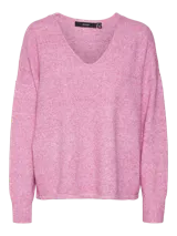 Sweater de punto color fucsia, con cuello en V y manga larga, diseñado con materiales reciclados.
