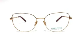 Armazón de anteojos Linea Roma modelo 121, con marco dorado y patillas marrones. Diseño de metal con forma redondeada y detalles en los laterales.