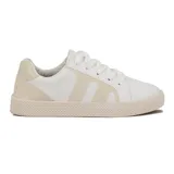 Zapatillas de tipo deportivo, con diseño en blanco y detalles en verde y fucsia.