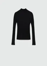Jersey de punto fino negro, con cuello perkins, diseño entallado y manga larga.