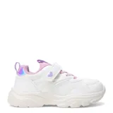 Zapatillas deportivas blancas con detalles en lila, ajuste con cordones elásticos y tira de velcro con un corazón.