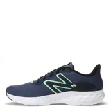 Championes New Balance 411 V3, color azul con detalles en negro y verde agua, ideales para running.