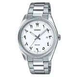 Reloj Casio plateado con esfera blanca y números arábigos.