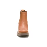 Bota Chelsea de cuero color marrón claro, con elástico lateral acanalado y logo de la marca en el talón. Tiene suela de goma con plataforma y taco cuadrado.