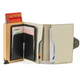 Billetera compacta de símil cuero bicolor en marrón y blanco con estructura de aluminio. Posee un sistema de eyección para hasta 5 tarjetas, compartimento para billetes y protección RFID.