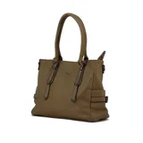 Cartera tipo tote de cuero sintético color negro, con doble asa de mano y correa larga desmontable.