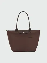 Bolso tote Longchamp modelo Le Pliage Green, tamaño L, color marrón chocolate, con cierre de cremallera y botón a presión.
