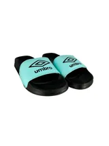 Ojotas blancas con tira ancha negra con el logo de Umbro en blanco.