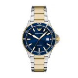 Reloj Emporio Armani con caja de acero inoxidable plateado y dorado de 42mm, esfera azul sunray, manecillas e índices luminosos, ventana de fecha a las 3 en punto y correa bicolor de acero inoxidable.