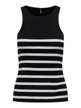 Musculosa negra con rayas horizontales blancas, de algodón suave y corte regular.