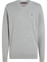 Sweater gris de Tommy Hilfiger, de tejido de punto, con cuello en V y logo bordado en el pecho.
