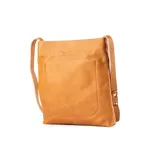 Bandolera rectangular color camel de cuero legítimo, con correa regulable, acceso con botón imantado y herrajes dorados.