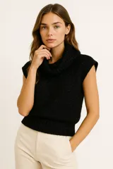 Chaleco negro de tejido de punto con lurex, cuello alto y sin mangas.