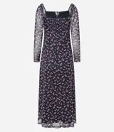 Vestido midi de tul negro con estampado floral liberty en tonos lila, escote cuadrado con lazo, mangas largas y abertura lateral.