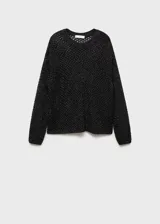 Sweater negro de tejido de punto calado con lúrex, cuello redondo y manga larga.