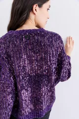 Sweater tejido en chenille suave color violeta, con calce relajado y lentejuelas aplicadas en toda la prenda. Terminaciones en punto rib.