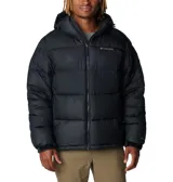 Campera puffer Columbia Pike Lake II Hooded para hombre, color verde oliva y negro. Cuenta con tecnología Omni-Heat Reflective, capucha ajustable, bolsillos con cierre y puños elásticos.